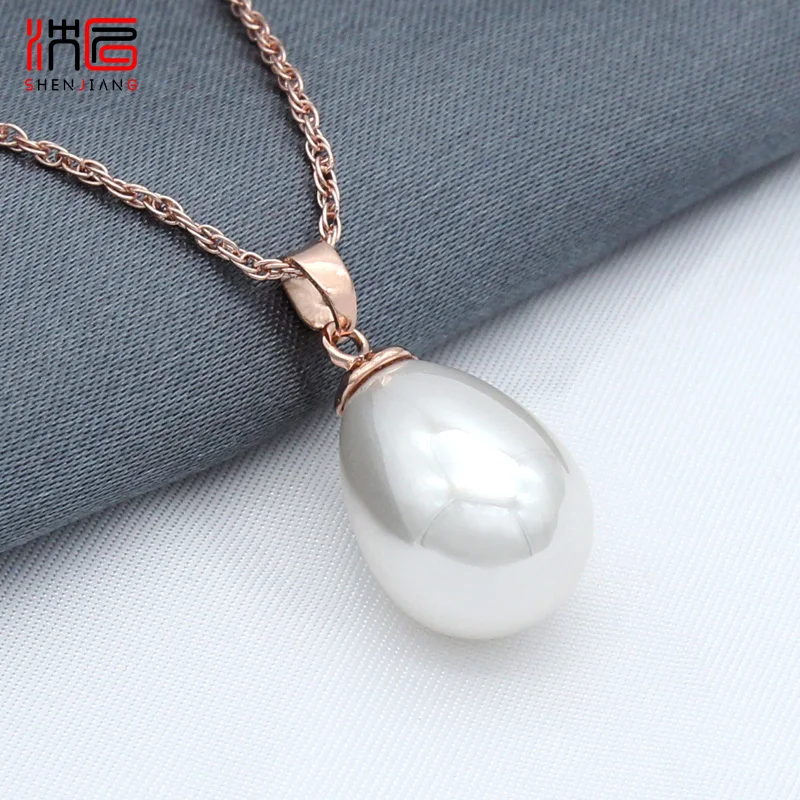SHENJIANG Fashion Elegant 585 Rose Gold Color Water Drop Simulated Pearl Pendant Necklace For Women Wedding Party Jewelry
