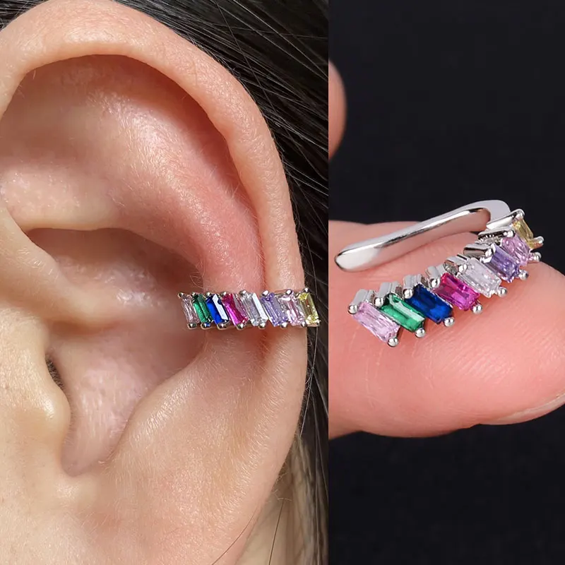 Fashion Gold Color Leaf Clip Earring For Women Without Piercing Vintage Crystal Flowers Ear Cuff Rainbow Earrings Girls Jewelry