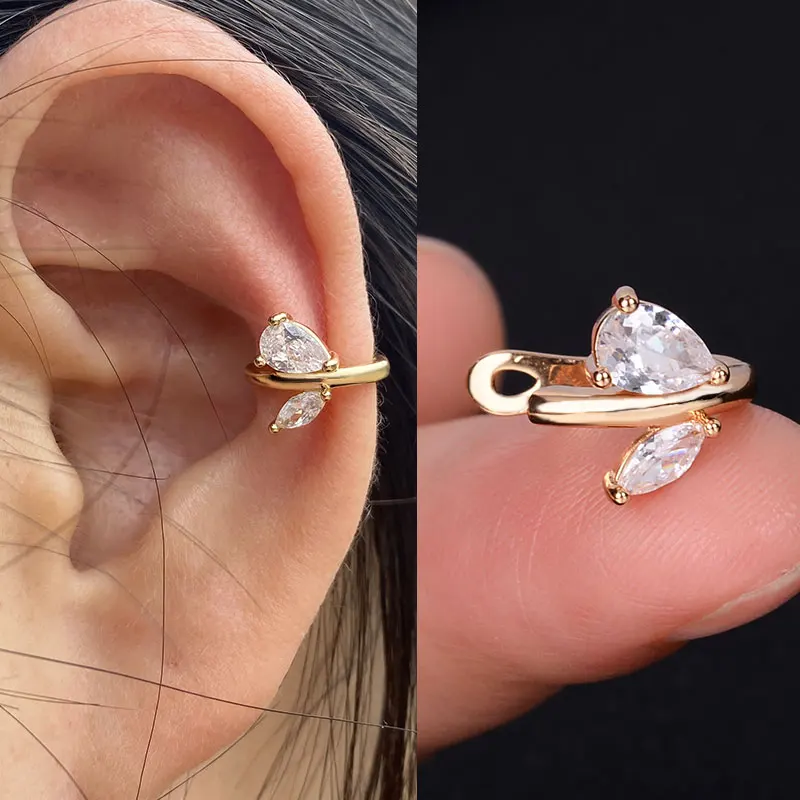 Fashion Gold Color Leaf Clip Earring For Women Without Piercing Vintage Crystal Flowers Ear Cuff Rainbow Earrings Girls Jewelry