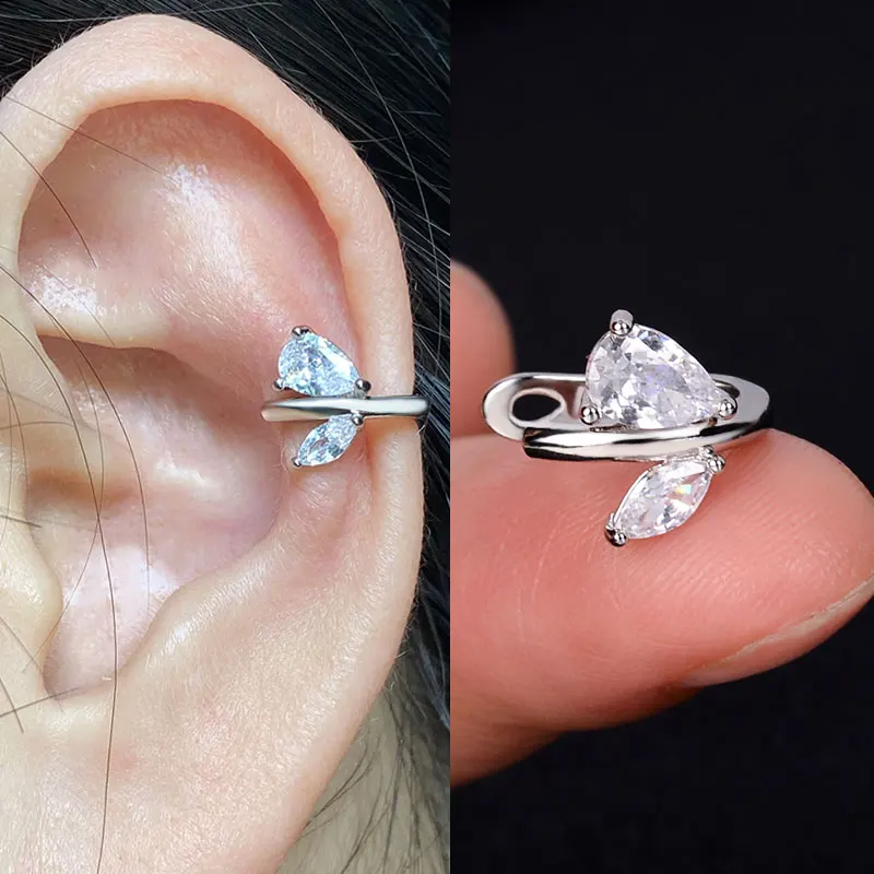 Fashion Gold Color Leaf Clip Earring For Women Without Piercing Vintage Crystal Flowers Ear Cuff Rainbow Earrings Girls Jewelry
