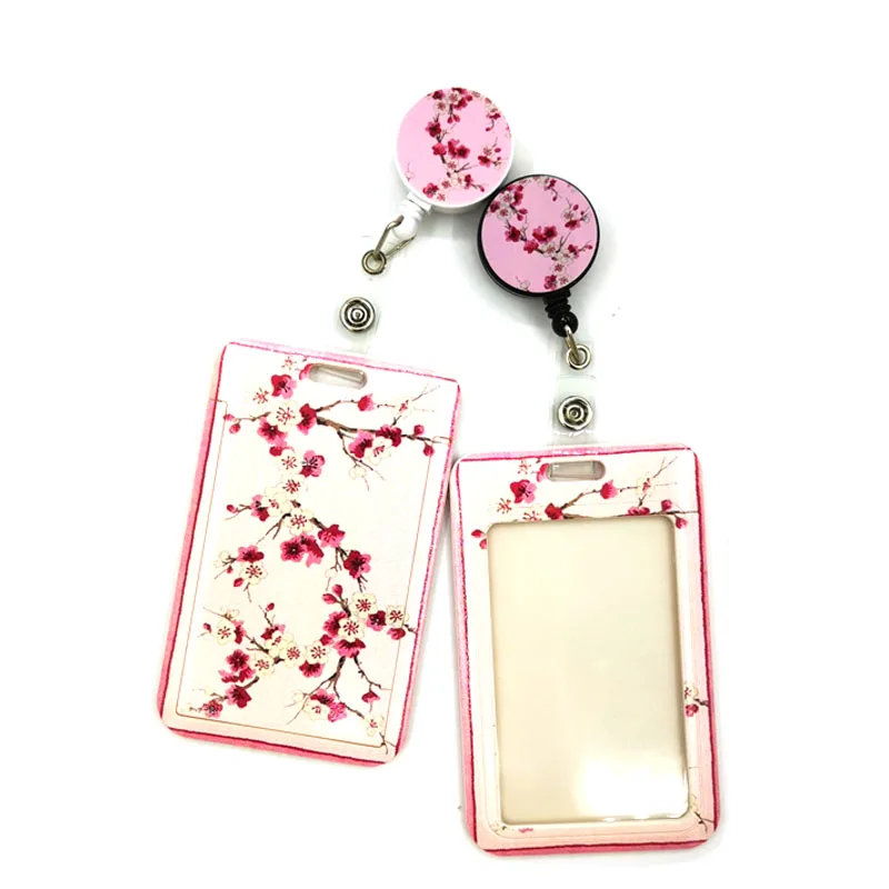 Pink Cherry blossoms Retractable Badge Reel Lanyard Nurse ID Business Credit Card Work Card Office Student Clips Card Cover Bag
