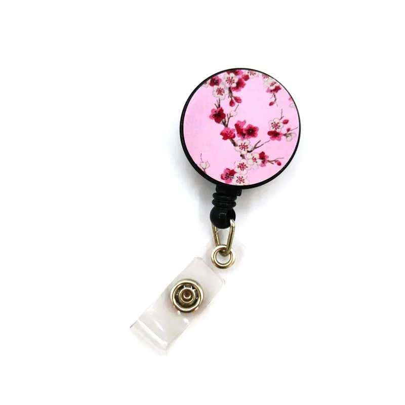 Pink Cherry blossoms Retractable Badge Reel Lanyard Nurse ID Business Credit Card Work Card Office Student Clips Card Cover Bag