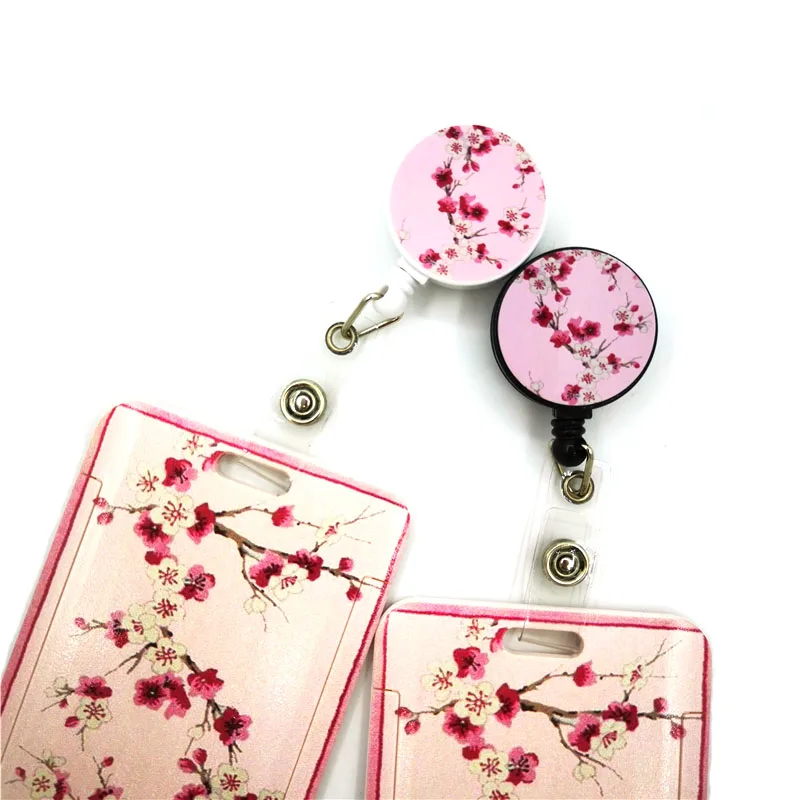 Pink Cherry blossoms Retractable Badge Reel Lanyard Nurse ID Business Credit Card Work Card Office Student Clips Card Cover Bag