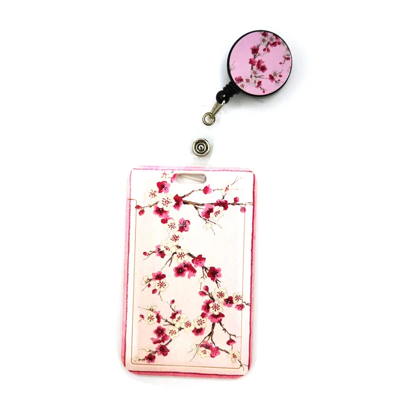 Pink Cherry blossoms Retractable Badge Reel Lanyard Nurse ID Business Credit Card Work Card Office Student Clips Card Cover Bag
