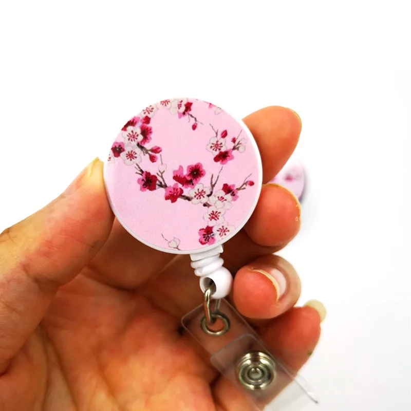 Pink Cherry blossoms Retractable Badge Reel Lanyard Nurse ID Business Credit Card Work Card Office Student Clips Card Cover Bag