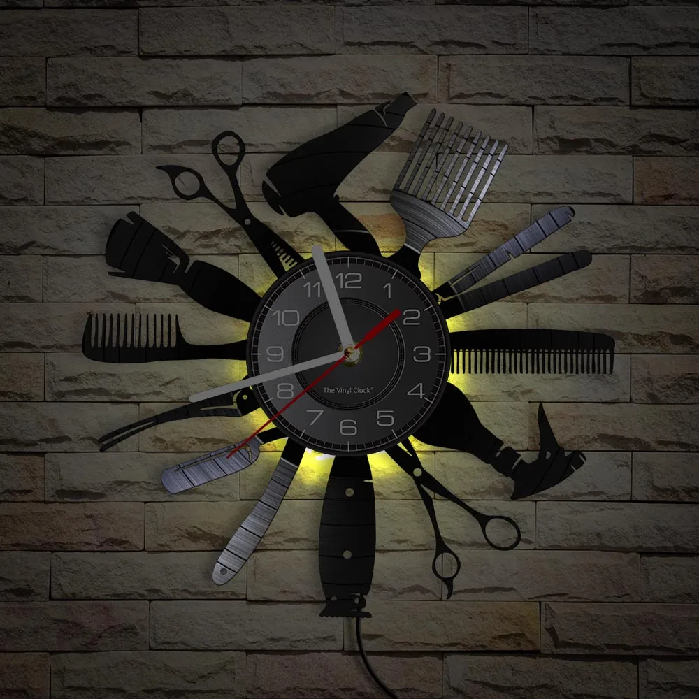 Hairdressing Tools Barber Shop Wall Clock Hair Salon Decor Color Changing Contemporary Hairdressing Watch Gift For Hairdressers