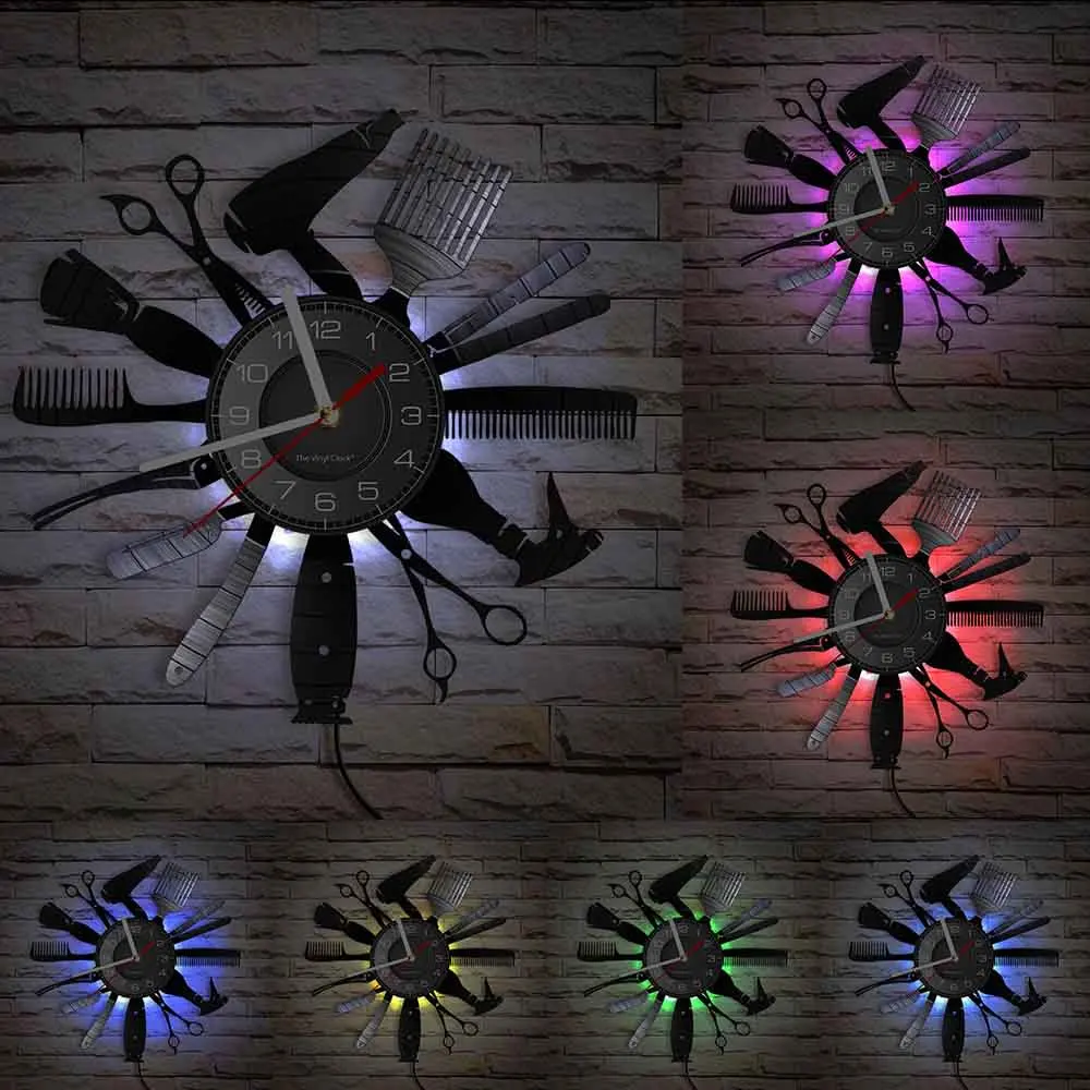 Hairdressing Tools Barber Shop Wall Clock Hair Salon Decor Color Changing Contemporary Hairdressing Watch Gift For Hairdressers