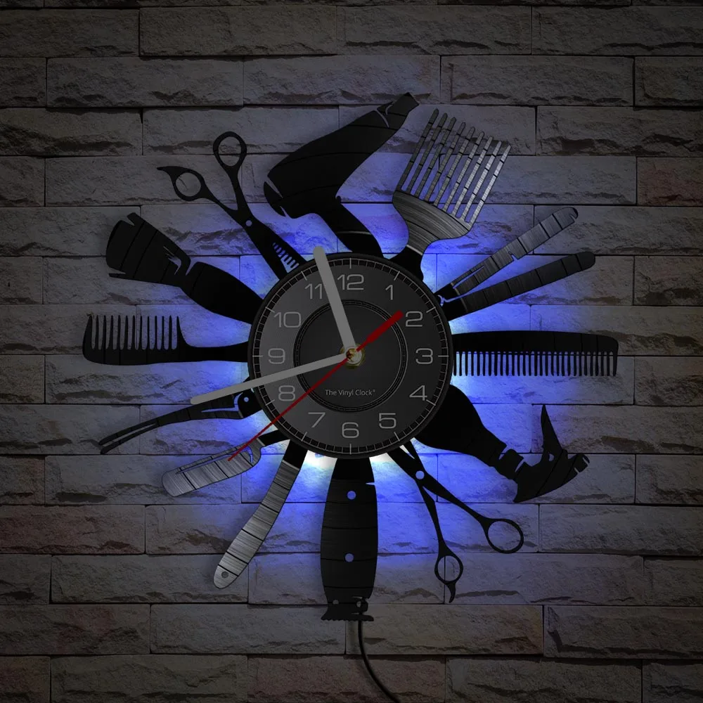 Hairdressing Tools Barber Shop Wall Clock Hair Salon Decor Color Changing Contemporary Hairdressing Watch Gift For Hairdressers