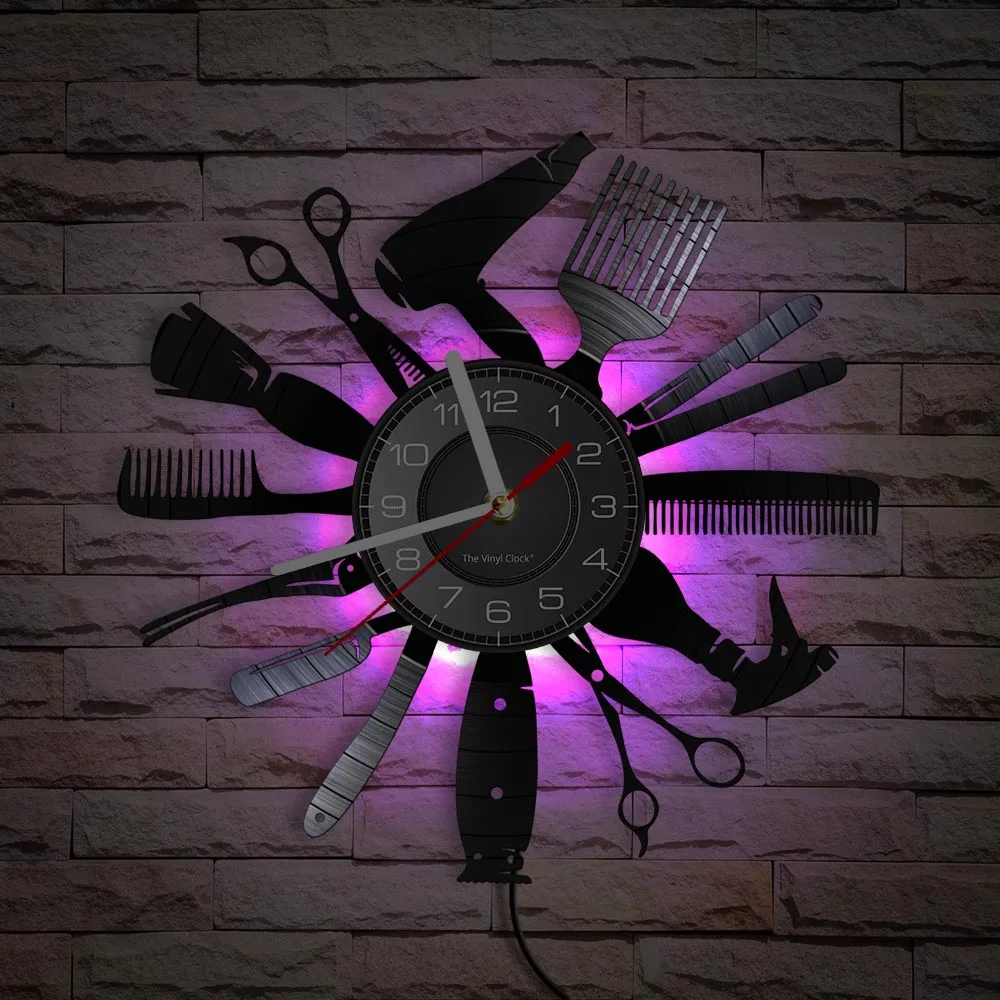 Hairdressing Tools Barber Shop Wall Clock Hair Salon Decor Color Changing Contemporary Hairdressing Watch Gift For Hairdressers