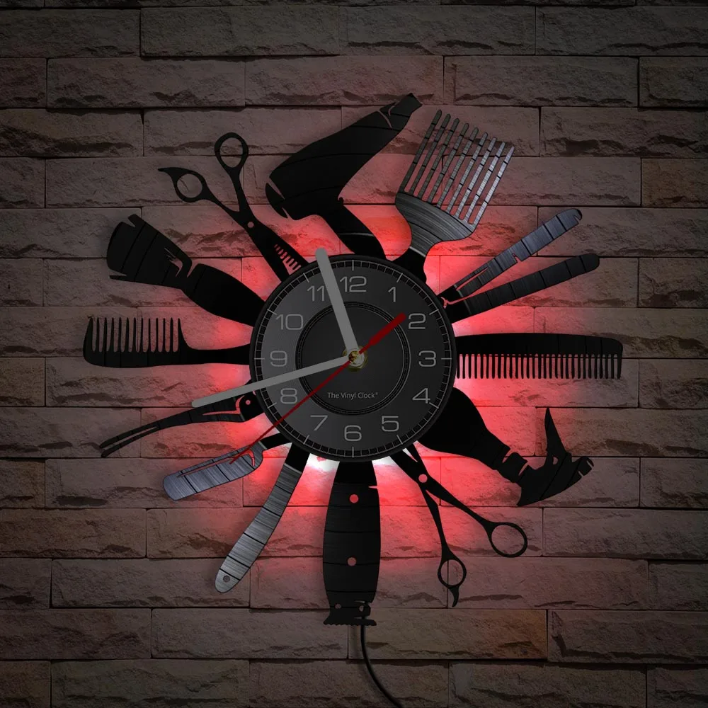 Hairdressing Tools Barber Shop Wall Clock Hair Salon Decor Color Changing Contemporary Hairdressing Watch Gift For Hairdressers