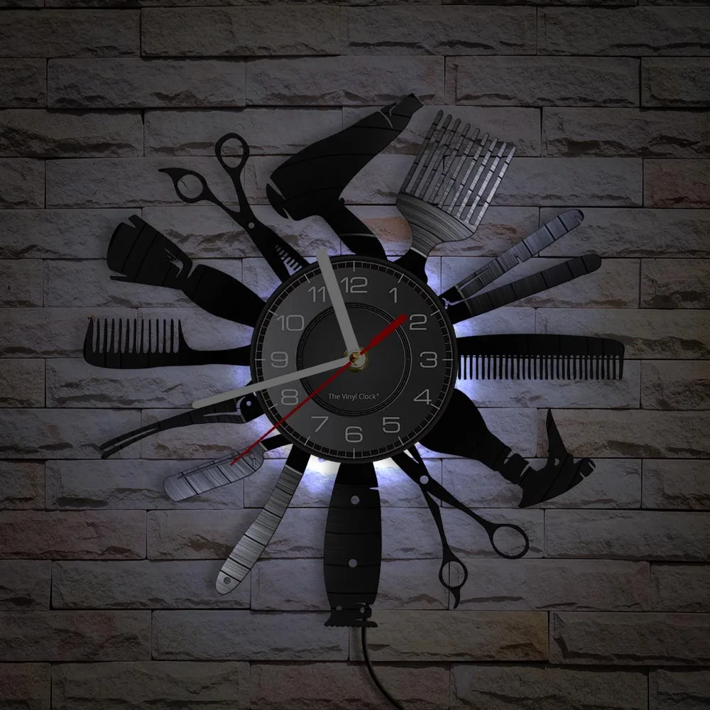 Hairdressing Tools Barber Shop Wall Clock Hair Salon Decor Color Changing Contemporary Hairdressing Watch Gift For Hairdressers