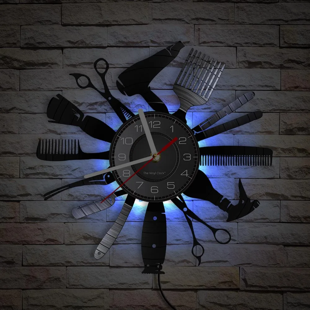 Hairdressing Tools Barber Shop Wall Clock Hair Salon Decor Color Changing Contemporary Hairdressing Watch Gift For Hairdressers