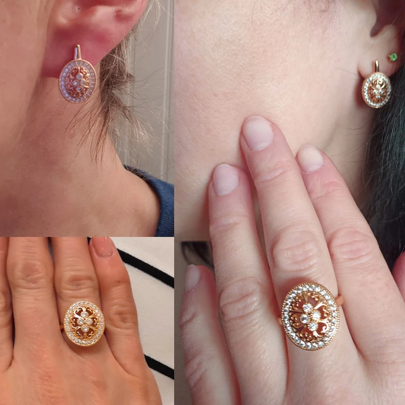 Kinel Luxury 585 Rose Gold Crystal Flower Earrings Ring Sets for Women Natural Zircon Bridal Wedding Vintage Jewelry Sets