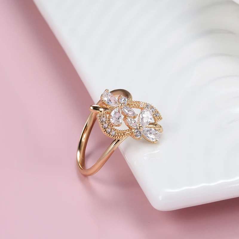 Kinel Luxury 585 Rose Gold Crystal Flower Earrings Ring Sets for Women Natural Zircon Bridal Wedding Vintage Jewelry Sets