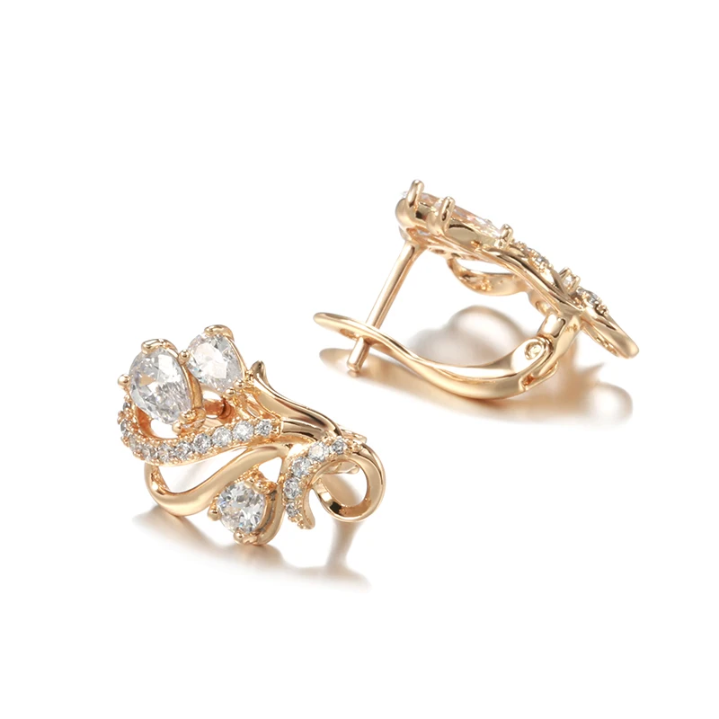 Kinel Luxury 585 Rose Gold Crystal Flower Earrings Ring Sets for Women Natural Zircon Bridal Wedding Vintage Jewelry Sets
