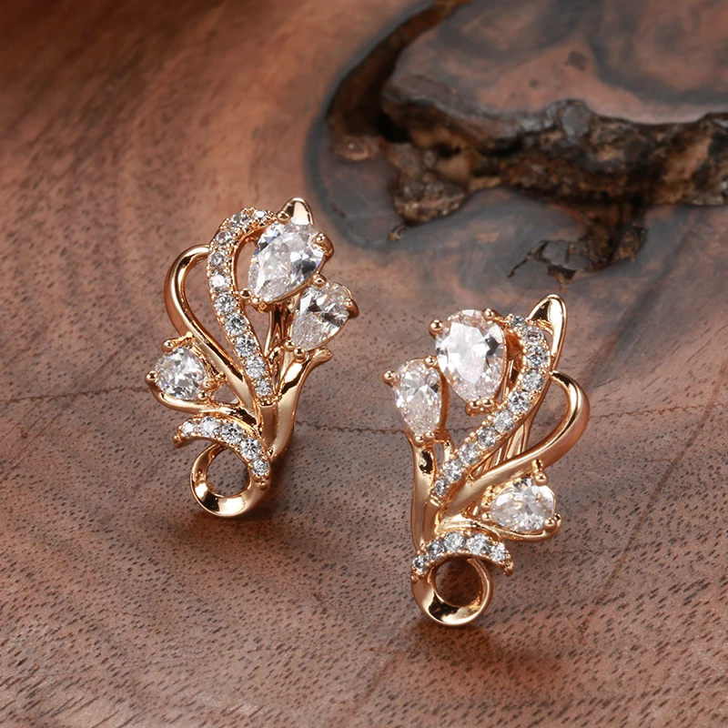 Kinel Luxury 585 Rose Gold Crystal Flower Earrings Ring Sets for Women Natural Zircon Bridal Wedding Vintage Jewelry Sets