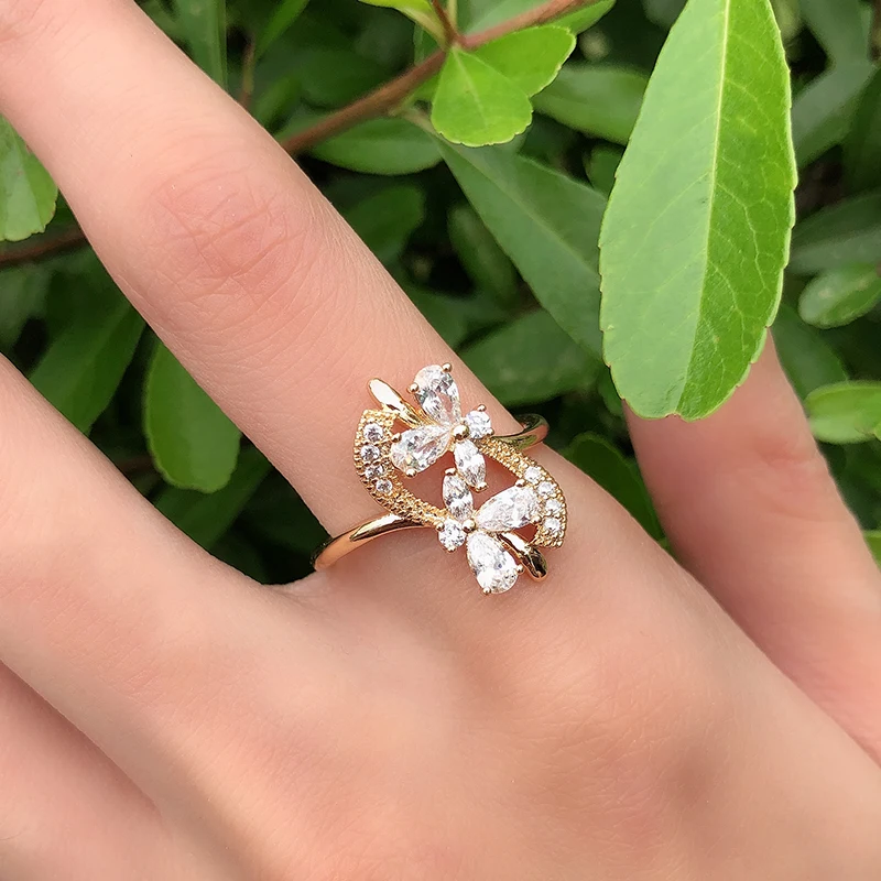 Kinel Luxury 585 Rose Gold Crystal Flower Earrings Ring Sets for Women Natural Zircon Bridal Wedding Vintage Jewelry Sets