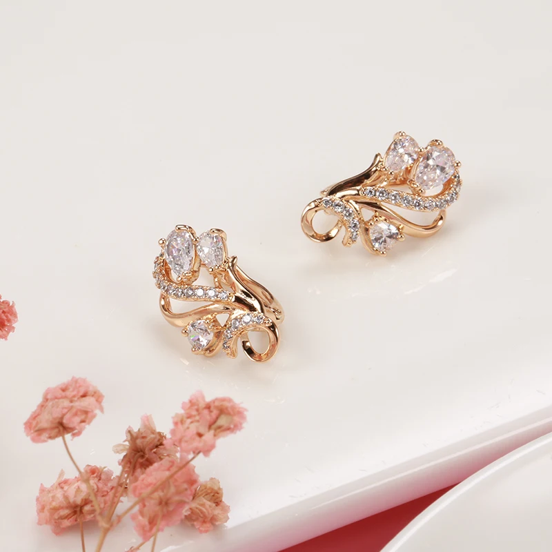Kinel Luxury 585 Rose Gold Crystal Flower Earrings Ring Sets for Women Natural Zircon Bridal Wedding Vintage Jewelry Sets
