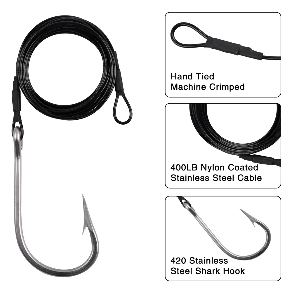 Big game Fishing Hooks 400LB Trolling Casting Tuna Jig rig Nylon Coated Cable Steel Wire Leader Saltwater Shark Toothy Fishhooks