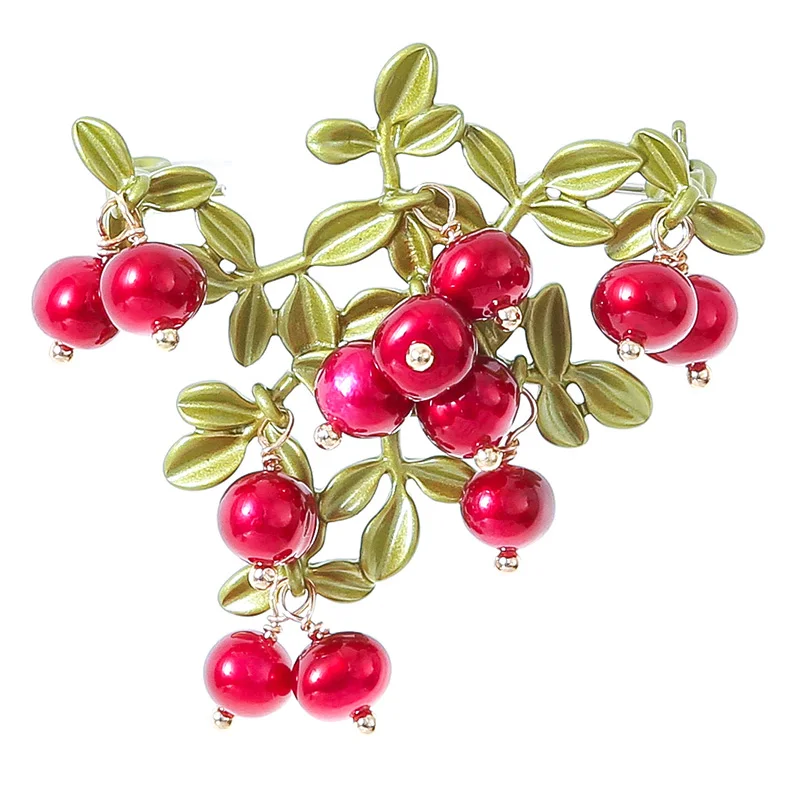 New Elegant Retro Green Cranberry Brooch Metal Pin Pearl Plant Leaf Brooches For Women Collar Accessories Jewelry