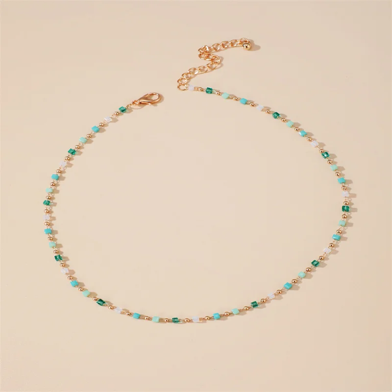 Bohemian Colorful Bead Chain Choker Necklace For Women Green Crystal Bead Chain Necklace Charm Handmade Party Jewelry