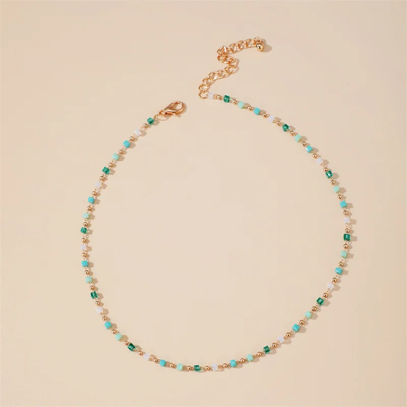 Bohemian Colorful Bead Chain Choker Necklace For Women Green Crystal Bead Chain Necklace Charm Handmade Party Jewelry