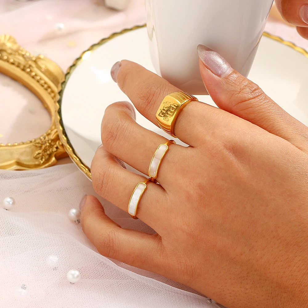 E.B.belle New Stainless Steel Tarnish Free Jewelry Natural Shell Ring Thin Small Size White Rings For Woman Ladies Elegant Ring