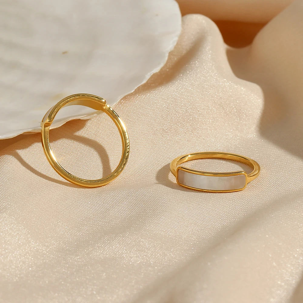 E.B.belle New Stainless Steel Tarnish Free Jewelry Natural Shell Ring Thin Small Size White Rings For Woman Ladies Elegant Ring