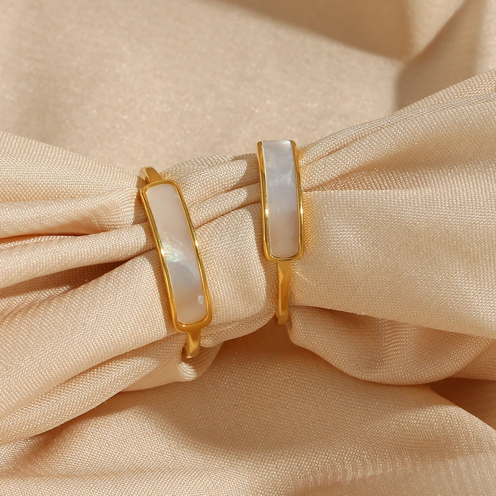 E.B.belle New Stainless Steel Tarnish Free Jewelry Natural Shell Ring Thin Small Size White Rings For Woman Ladies Elegant Ring