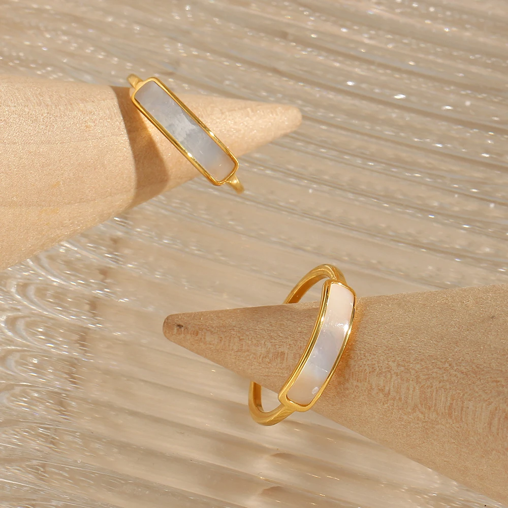 E.B.belle New Stainless Steel Tarnish Free Jewelry Natural Shell Ring Thin Small Size White Rings For Woman Ladies Elegant Ring