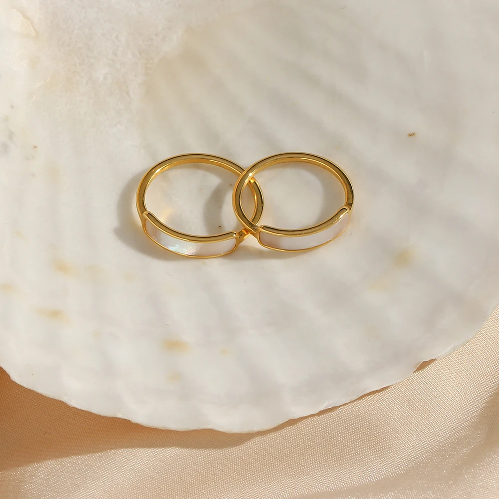 E.B.belle New Stainless Steel Tarnish Free Jewelry Natural Shell Ring Thin Small Size White Rings For Woman Ladies Elegant Ring