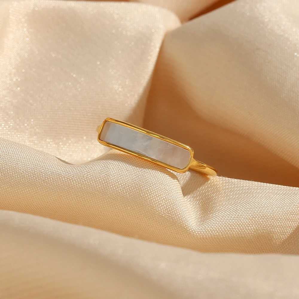 E.B.belle New Stainless Steel Tarnish Free Jewelry Natural Shell Ring Thin Small Size White Rings For Woman Ladies Elegant Ring