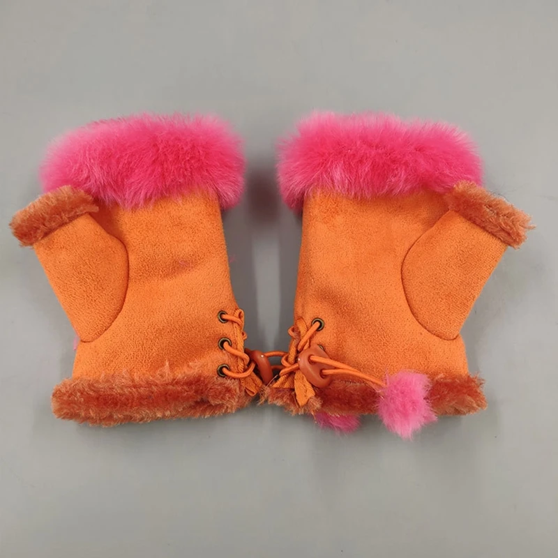 Women Winter Half Finger Gloves Lady Outdoor Faux Rabbit Fur Warm Mittens Plush Fleece Lined Driving Riding Gloves