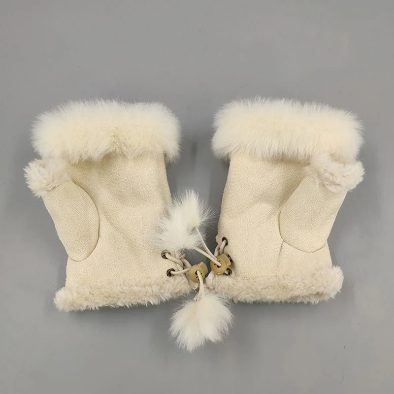 Women Winter Half Finger Gloves Lady Outdoor Faux Rabbit Fur Warm Mittens Plush Fleece Lined Driving Riding Gloves