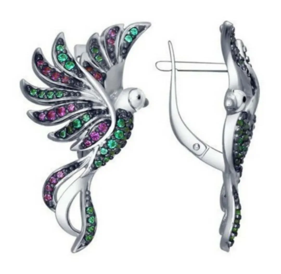 Cute Hummingbird Shape Oil Drop Earrings New Fashion Temperament Silver Needle Earrings Niche Design Green Purple Jewelry