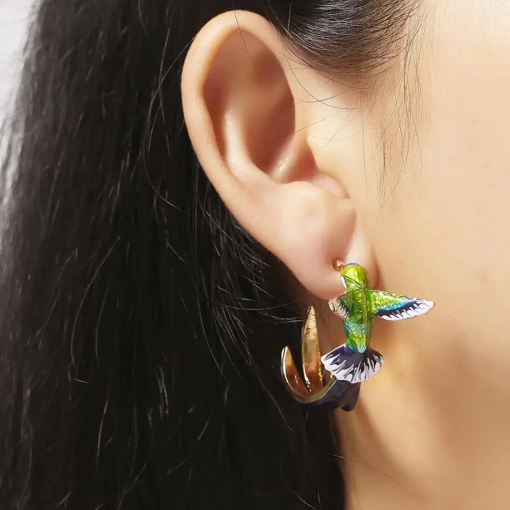 Cute Hummingbird Shape Oil Drop Earrings New Fashion Temperament Silver Needle Earrings Niche Design Green Purple Jewelry
