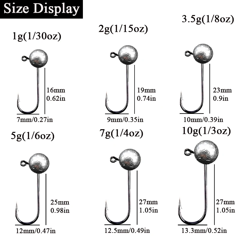 10pcs/lot Jig Head Fishing Hook 1g 2g 3.5g 5g 7g 10g Round Ball Jig Head Fishhook Soft Worm Fishing Accessories