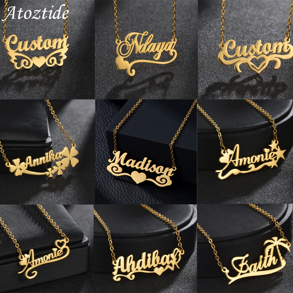 Atoztide New Custom Name Necklaces Personalized Fashion Stainless Steel Bottom Decoration Pendant Heart Letter for Women Jewelry