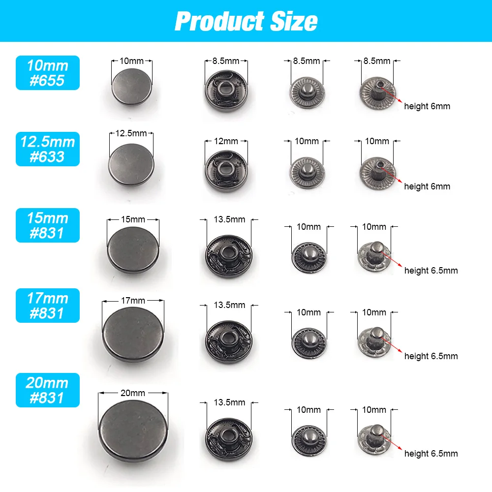 50set Snap Fasteners Metal Snaps Press Button Studs Optional Installation Tools Kit For Leathercraft Clothes Garment Bags Shoes