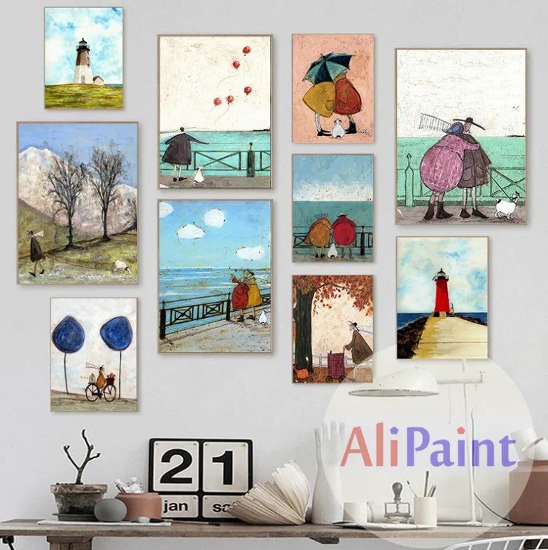 Vintage Nordic Abstract Landscape Love Dogs Pet Canvas Wall Art Paintings Posters and Prints Pictures Living Room Home Decor