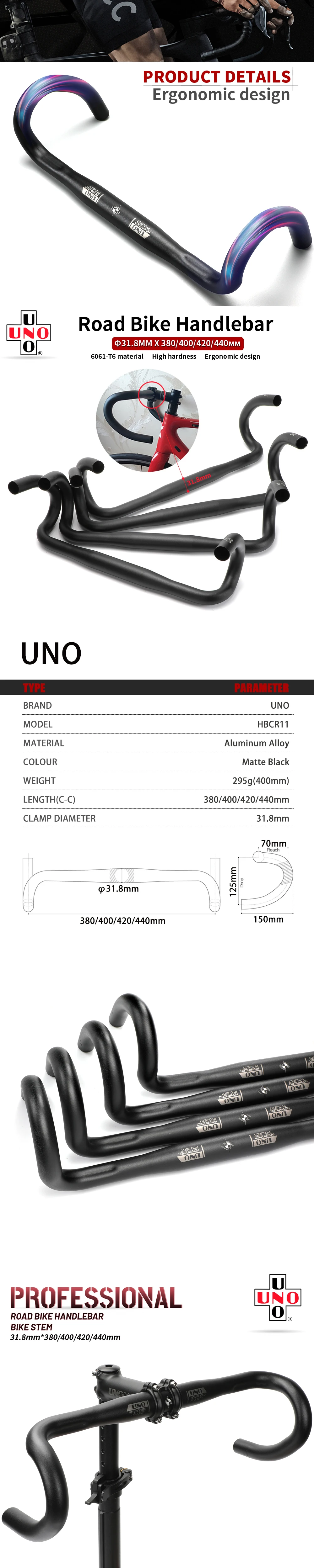 UNO Racing Handlebar Aluminum Road Bike Handlebar 25.4/31.8mm Road Bicycl Drop Bar 380/400/420/440mm Bicycle Steering Wheel
