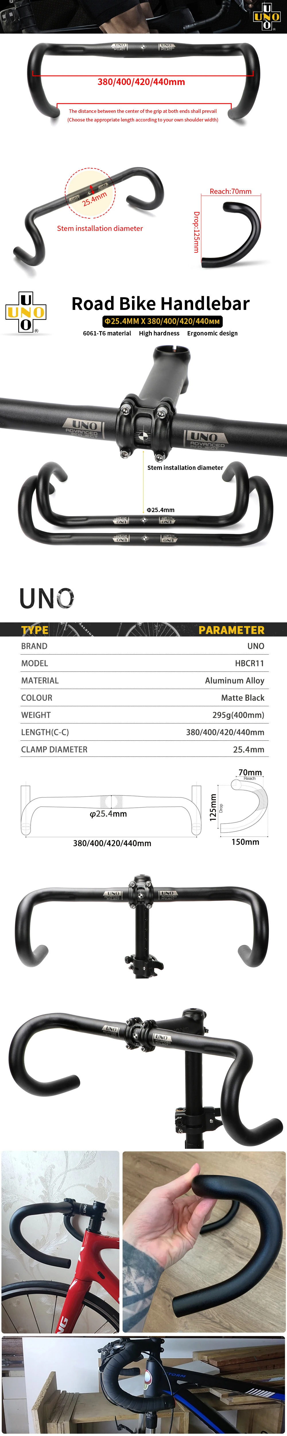 UNO Racing Handlebar Aluminum Road Bike Handlebar 25.4/31.8mm Road Bicycl Drop Bar 380/400/420/440mm Bicycle Steering Wheel