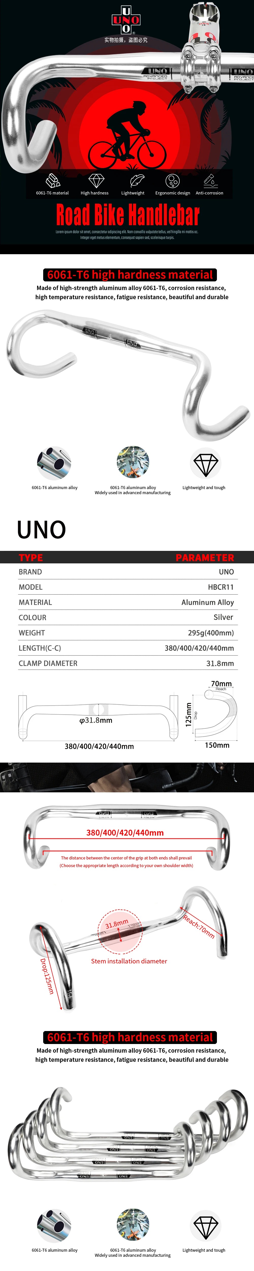 UNO Racing Handlebar Aluminum Road Bike Handlebar 25.4/31.8mm Road Bicycl Drop Bar 380/400/420/440mm Bicycle Steering Wheel