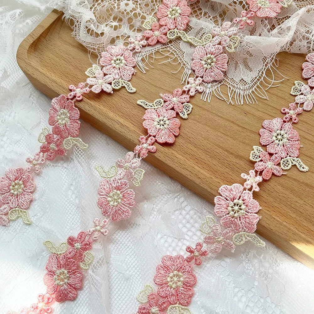 1Yard Embroidery Pink Lace Fabric Trim Ribbon DIY Lace Skirt Curtain Bags Accessories Sewing Repair