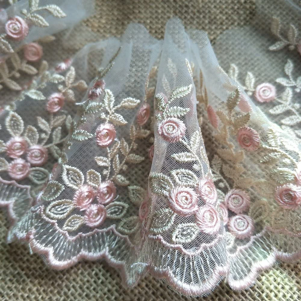 1Yard Embroidery Pink Lace Fabric Trim Ribbon DIY Lace Skirt Curtain Bags Accessories Sewing Repair