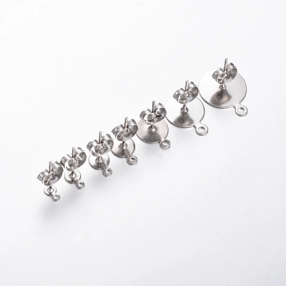 30pcs/lot 5/6/8/10/12mm Stainless Steel Blank Earring Studs Post Pins with Loop Flat Round Tray Base Ear For DIY Jewelry Making