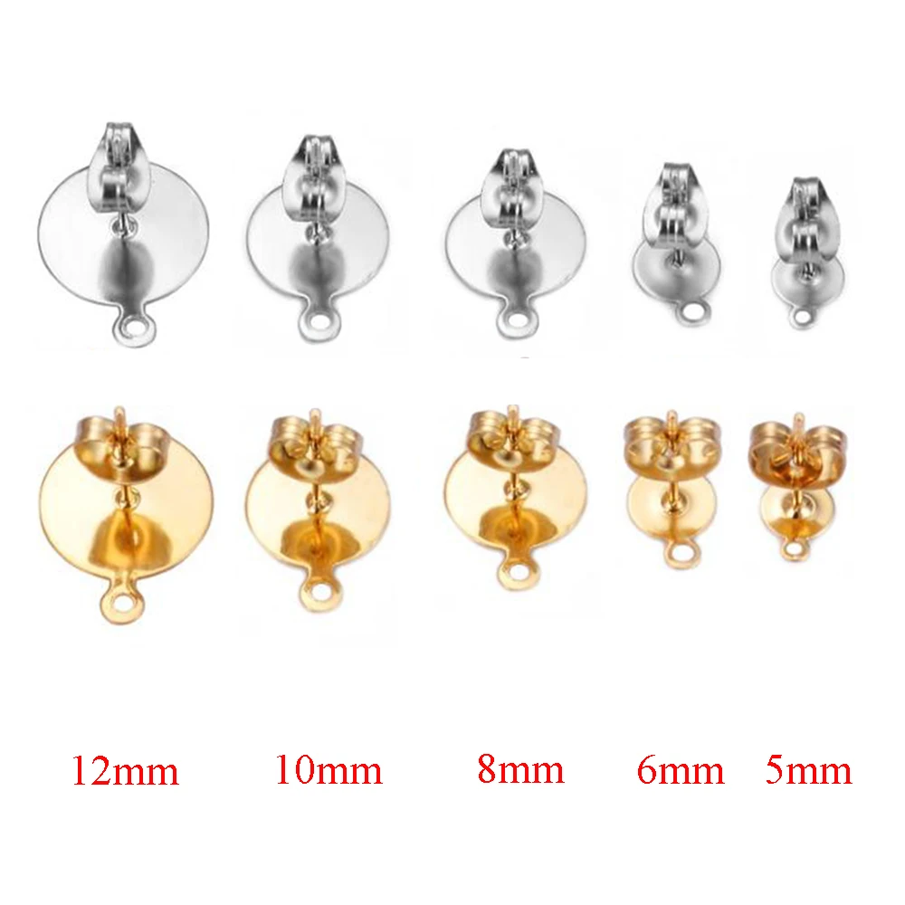 30pcs/lot 5/6/8/10/12mm Stainless Steel Blank Earring Studs Post Pins with Loop Flat Round Tray Base Ear For DIY Jewelry Making