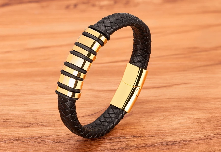 TYO New Fashion Braided Wrap Rope Black Leather Bracelets For Men Simple Stainless Steel Charm Vintage Bangles Jewelry Gift