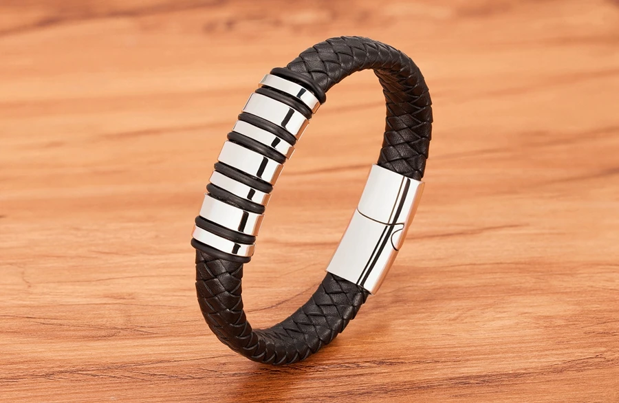 TYO New Fashion Braided Wrap Rope Black Leather Bracelets For Men Simple Stainless Steel Charm Vintage Bangles Jewelry Gift