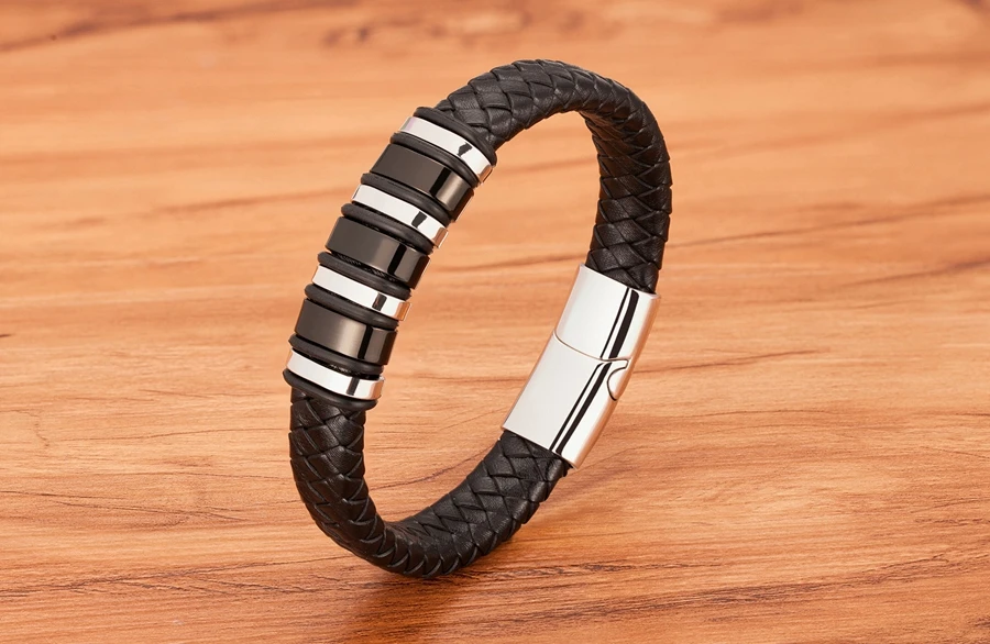 TYO New Fashion Braided Wrap Rope Black Leather Bracelets For Men Simple Stainless Steel Charm Vintage Bangles Jewelry Gift